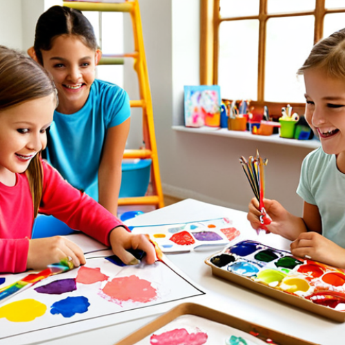 ** A bright and welcoming art studio filled with children happily creating art. The room is colorful and decorated with kids' artwork. Teachers are interacting with the children in a supportive and encouraging way. Focus on the safe and creative environment.

**
