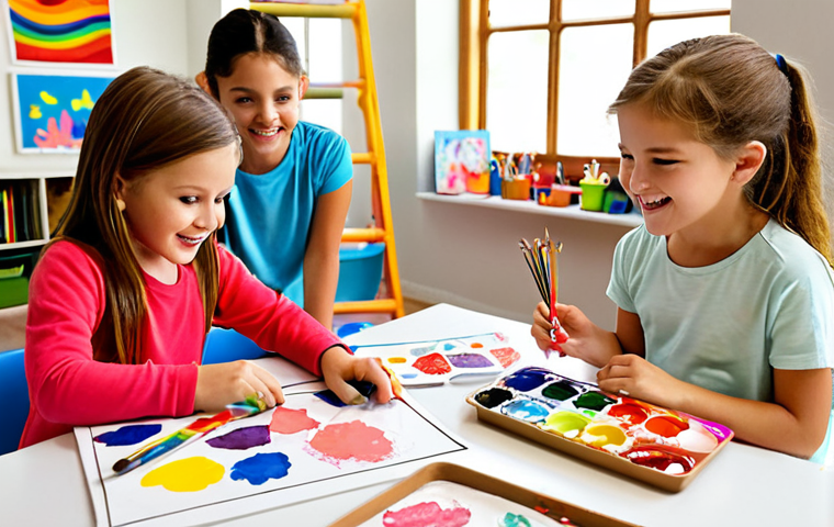 ** A bright and welcoming art studio filled with children happily creating art. The room is colorful and decorated with kids' artwork. Teachers are interacting with the children in a supportive and encouraging way. Focus on the safe and creative environment.

**