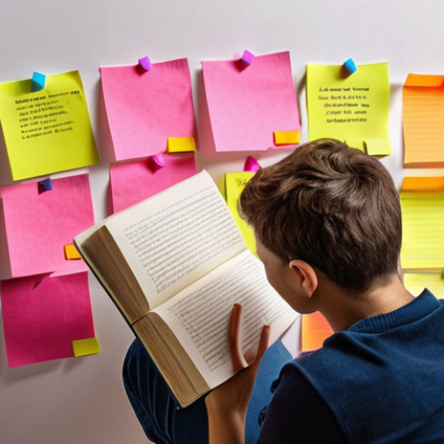 **A person thoughtfully reading a book, surrounded by colorful sticky notes and a pen, symbolizing active reading and note-taking for a book review.**