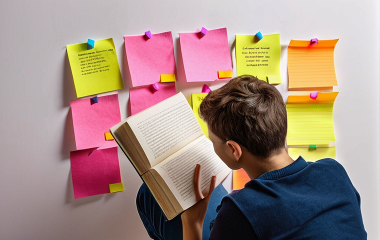 **A person thoughtfully reading a book, surrounded by colorful sticky notes and a pen, symbolizing active reading and note-taking for a book review.**