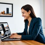 A professional young woman, fully clothed in a modest business casual outfit, smiling gently while browsing a photo printing website on a sleek laptop in a modern, well-lit home office. A stack of beautifully printed photographs and a professional photo album are neatly arranged on the desk beside her. The background is softly blurred, indicating a comfortable and organized workspace. Perfect anatomy, correct proportions, natural pose, well-formed hands, proper finger count, natural body proportions. Safe for work, appropriate content, fully clothed, professional, high-quality, ultra-detailed.