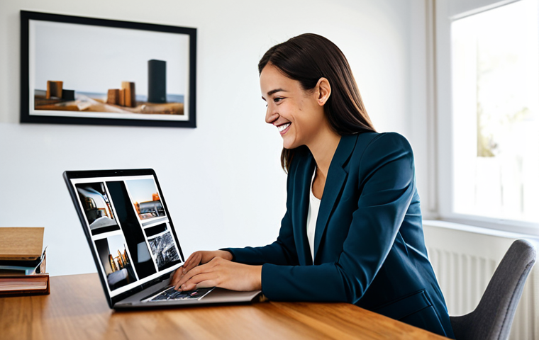 A professional young woman, fully clothed in a modest business casual outfit, smiling gently while browsing a photo printing website on a sleek laptop in a modern, well-lit home office. A stack of beautifully printed photographs and a professional photo album are neatly arranged on the desk beside her. The background is softly blurred, indicating a comfortable and organized workspace. Perfect anatomy, correct proportions, natural pose, well-formed hands, proper finger count, natural body proportions. Safe for work, appropriate content, fully clothed, professional, high-quality, ultra-detailed.